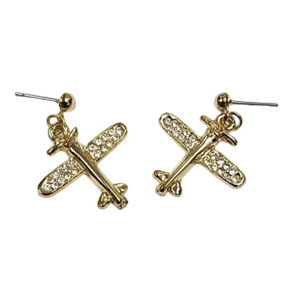 Vintage 60s-70s Airplane Pave Rhinestone Dangle Drop Earrings Gold Tone - Picture 1 of 2